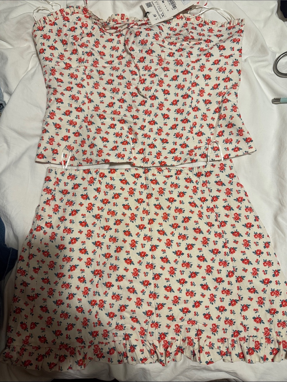 Zara Floral Two-Piece Crop Top & Skirt Set - Red Floral on Cream